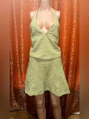 Free People Drew Pucker Check Halter Top Skirt Set Green Size Medium NWOT